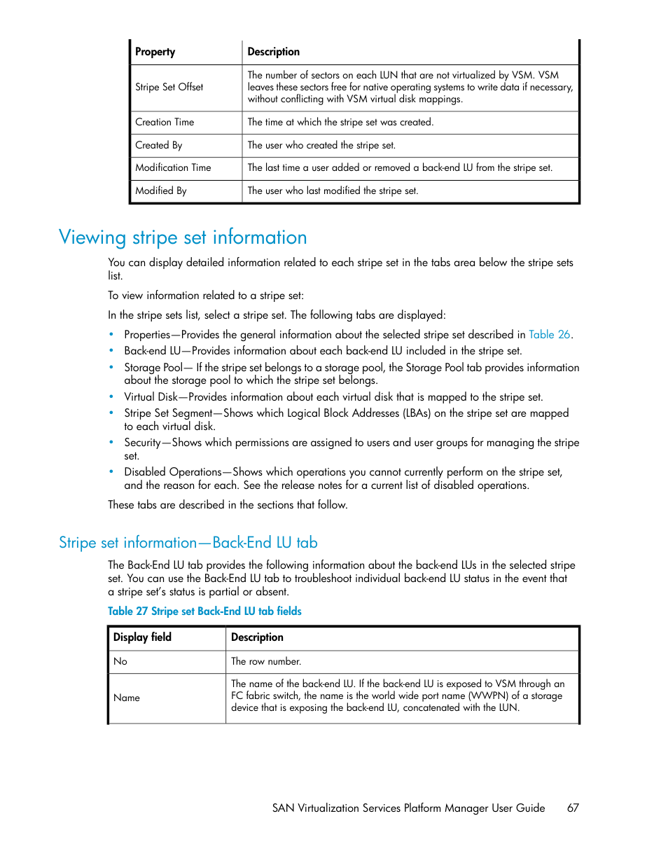 Viewing stripe set information, Stripe set information—back-end lu tab, Stripe set back-end lu tab fields | HP SAN Virtualization Services Platform User Manual | Page 67 / 400