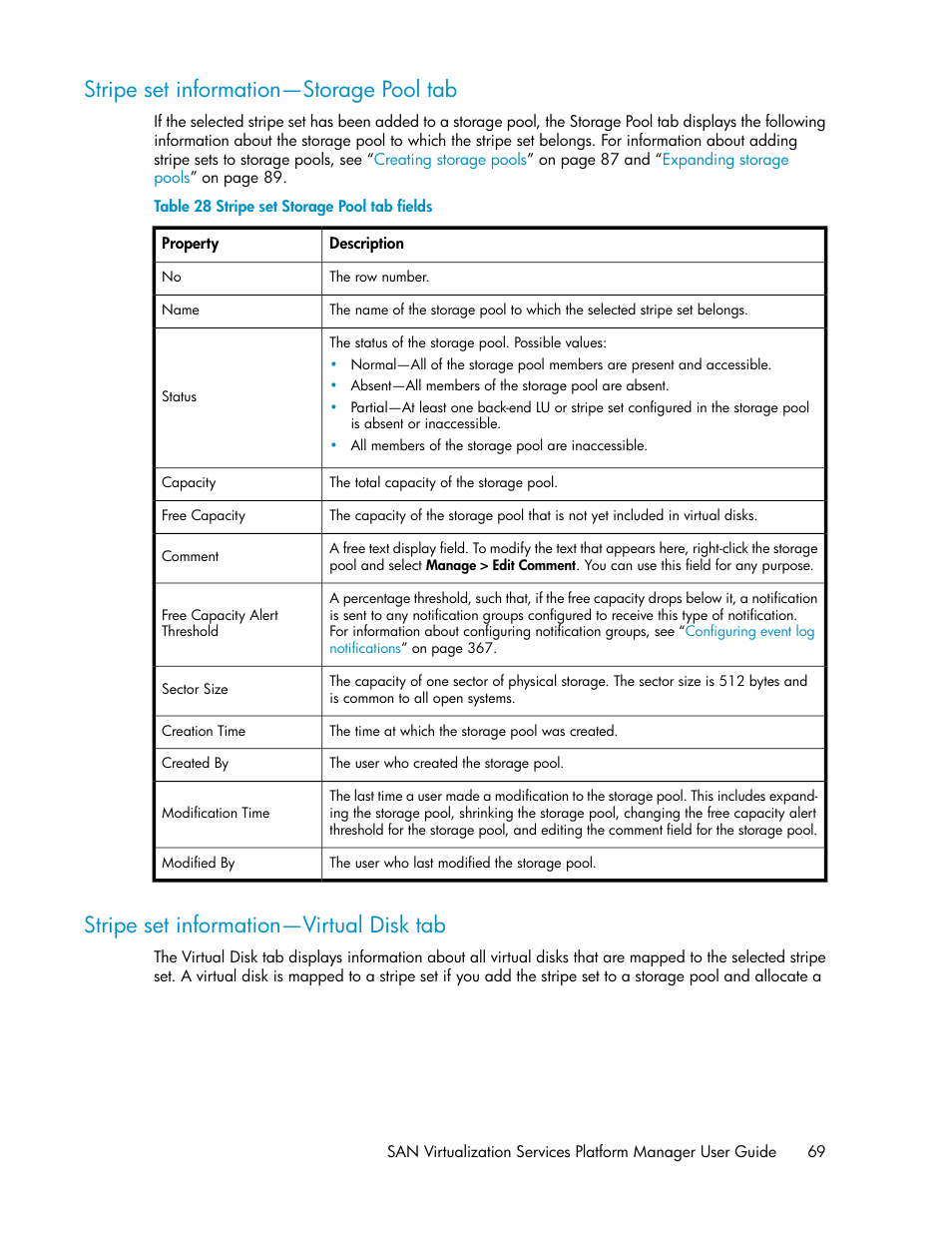 Stripe set information—storage pool tab, Stripe set information—virtual disk tab, 69 stripe set information—virtual disk tab | Stripe set storage pool tab fields | HP SAN Virtualization Services Platform User Manual | Page 69 / 400