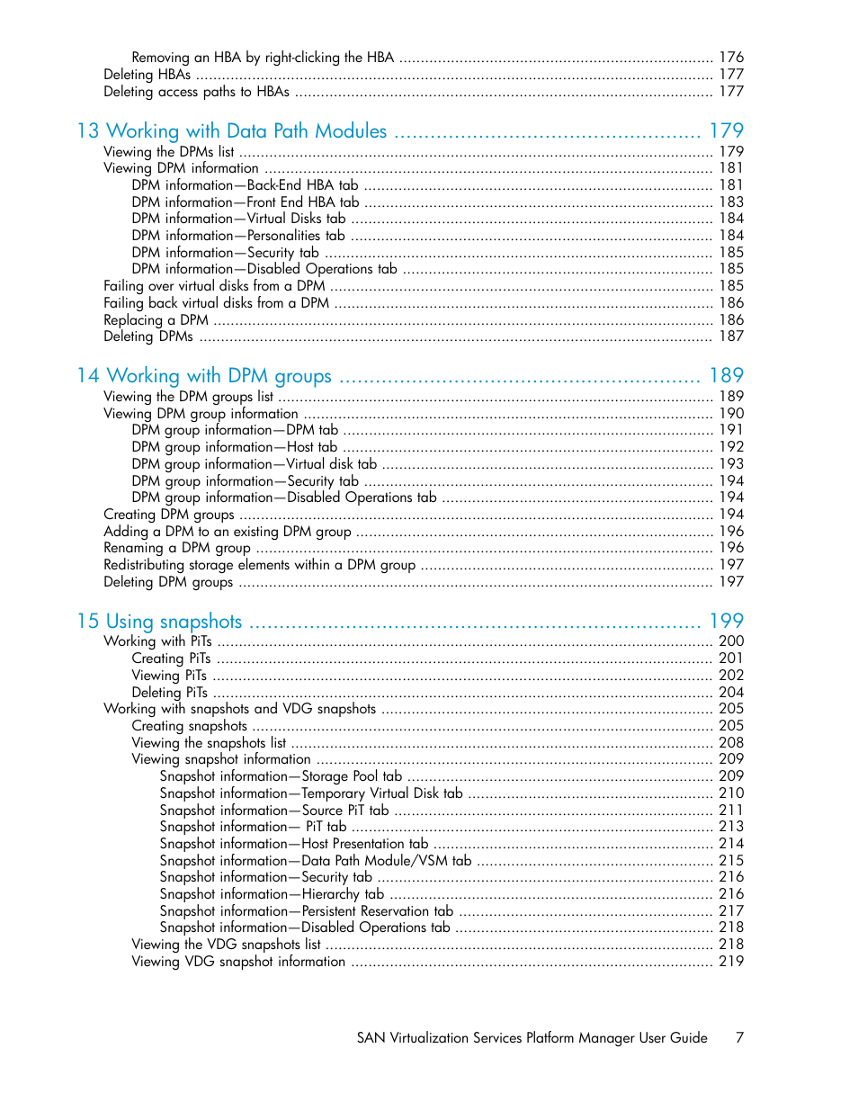 13 working with data path modules, 14 working with dpm groups, 15 using snapshots | HP SAN Virtualization Services Platform User Manual | Page 7 / 400