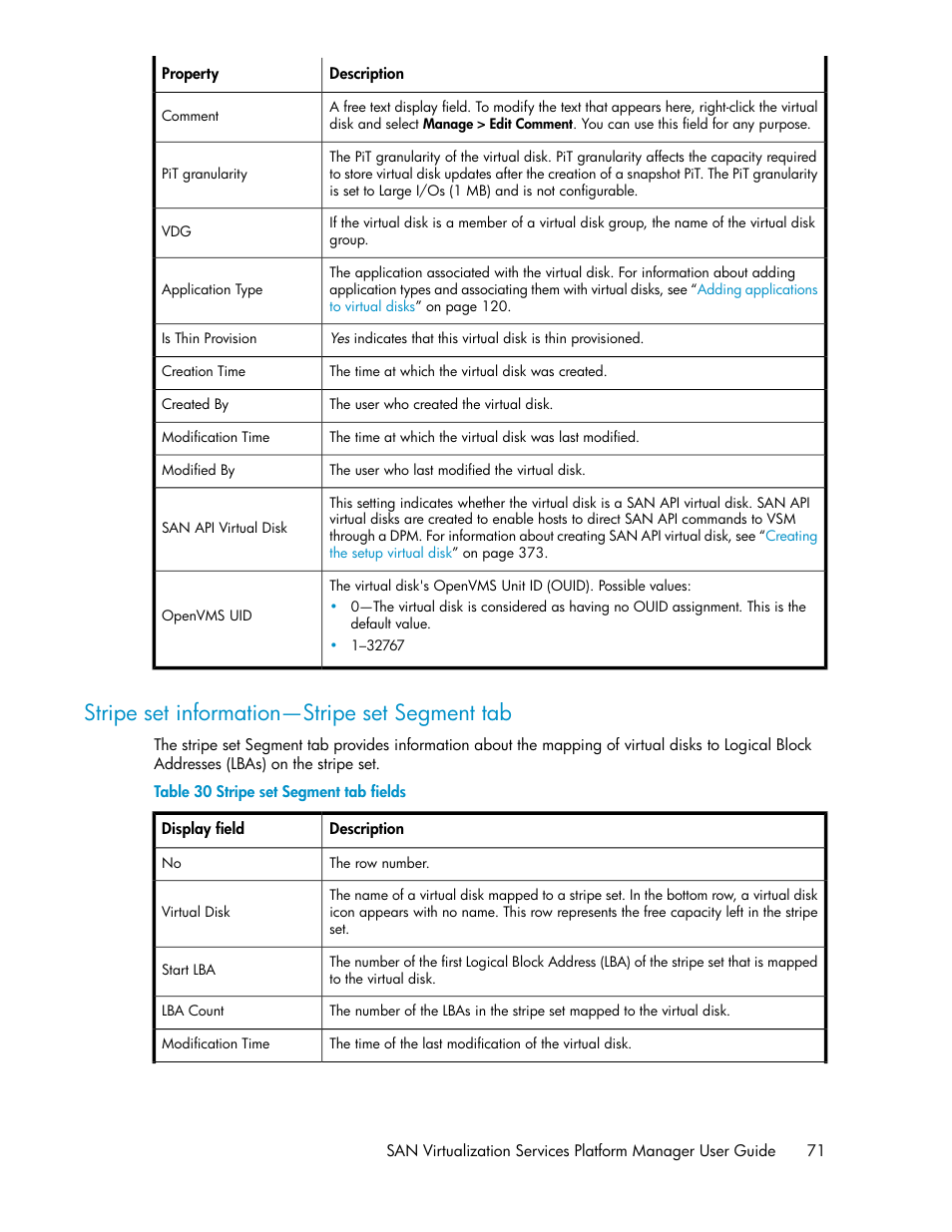 Stripe set information—stripe set segment tab, Stripe set segment tab fields | HP SAN Virtualization Services Platform User Manual | Page 71 / 400