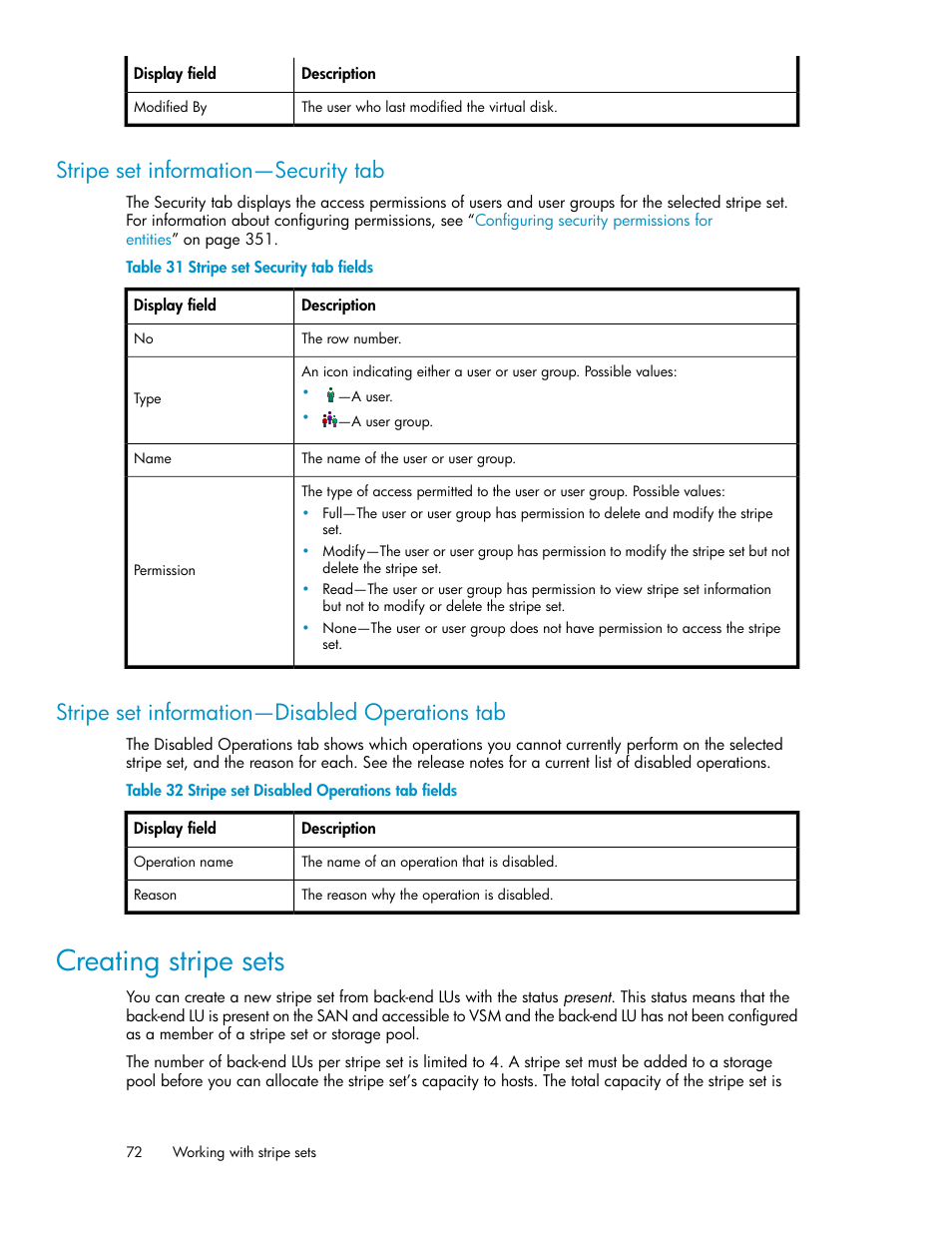 Stripe set information—security tab, Stripe set information—disabled operations tab, Creating stripe sets | 72 stripe set information—disabled operations tab, Stripe set security tab fields, Stripe set disabled operations tab fields | HP SAN Virtualization Services Platform User Manual | Page 72 / 400