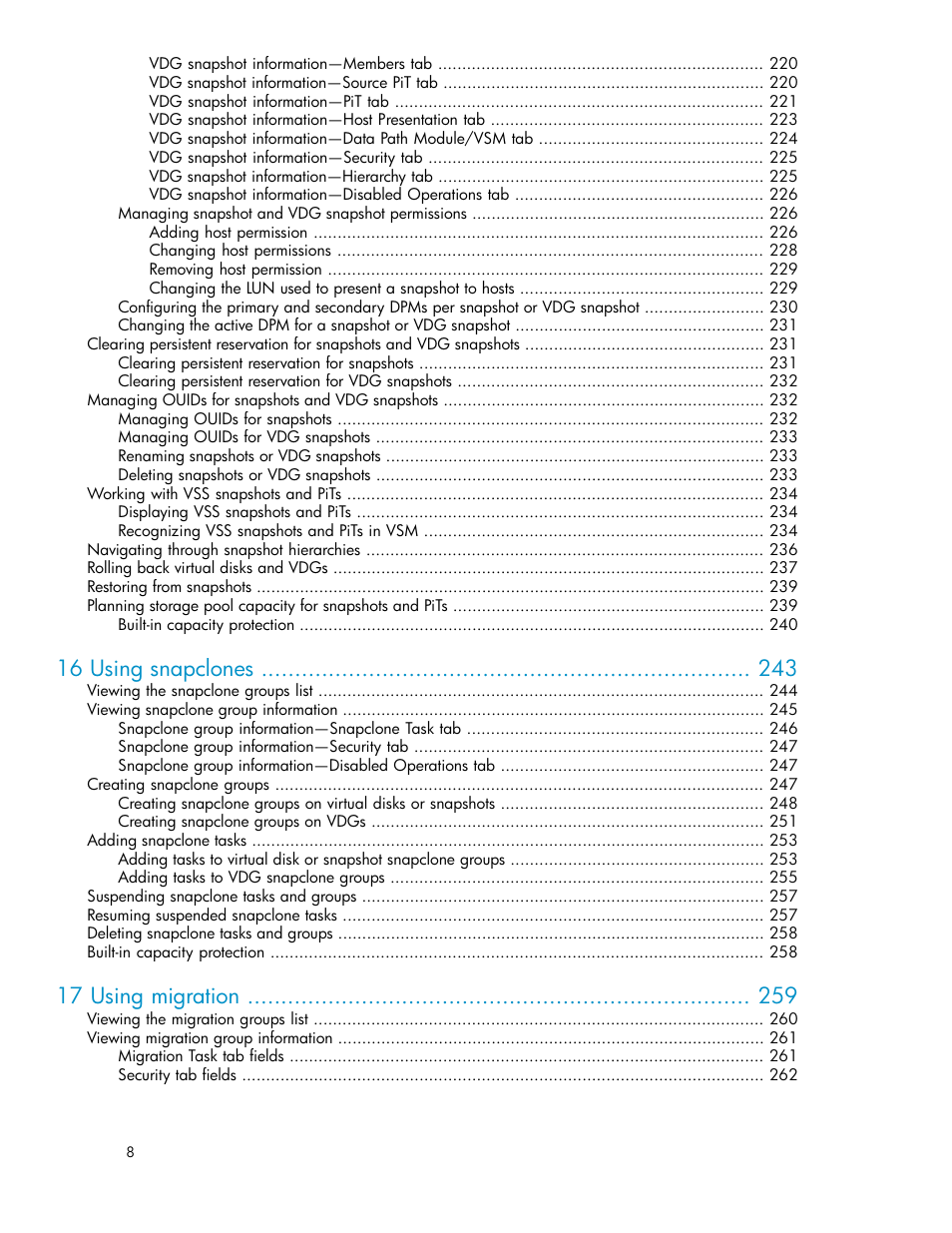 16 using snapclones, 17 using migration | HP SAN Virtualization Services Platform User Manual | Page 8 / 400
