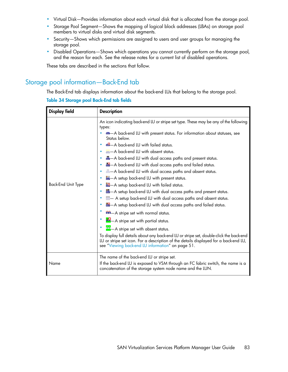 Storage pool information—back-end tab, Storage pool back-end tab fields | HP SAN Virtualization Services Platform User Manual | Page 83 / 400