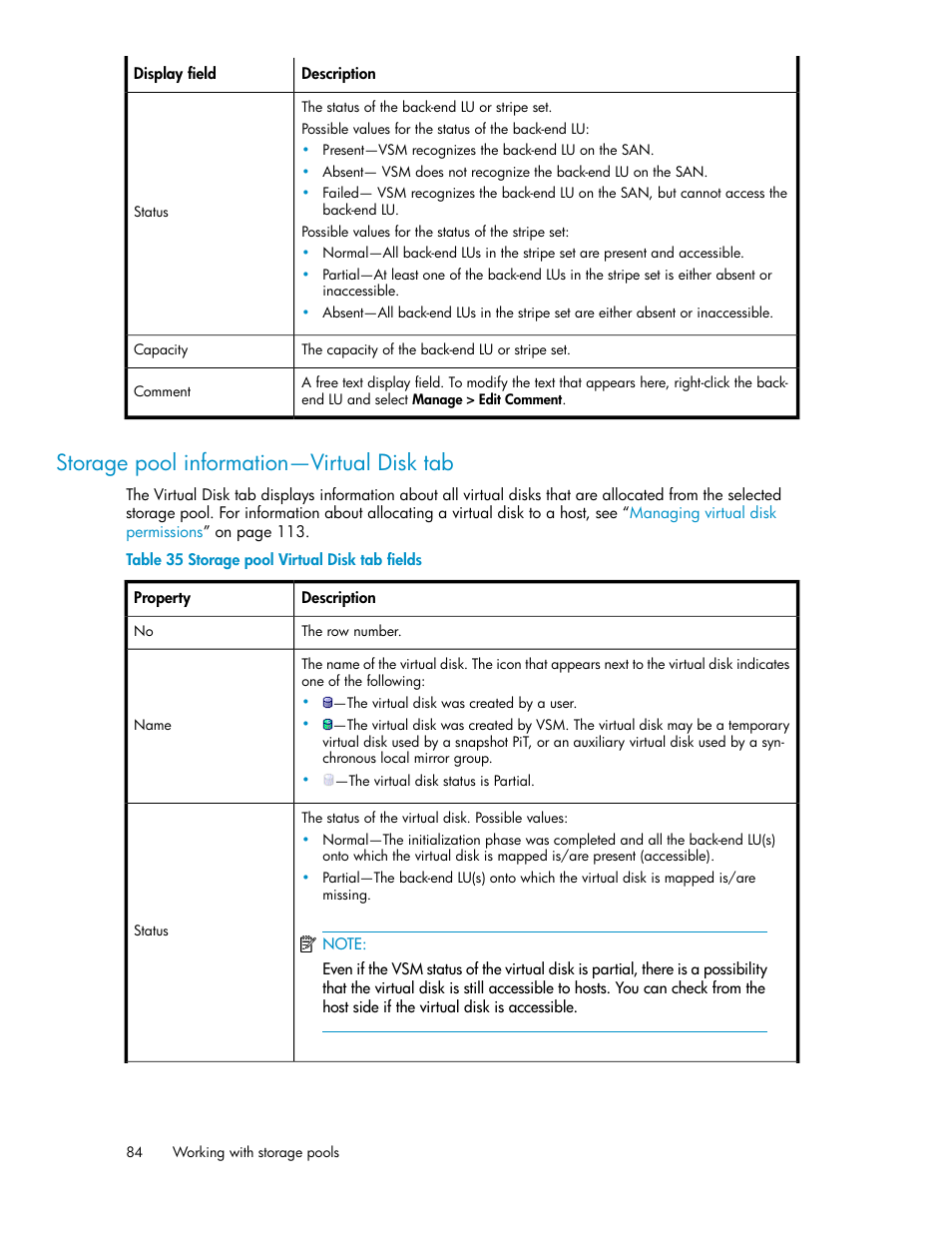 Storage pool information—virtual disk tab, Storage pool virtual disk tab fields | HP SAN Virtualization Services Platform User Manual | Page 84 / 400