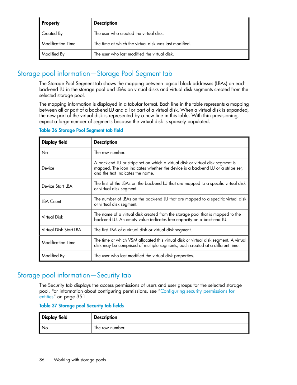 Storage pool information—storage pool segment tab, Storage pool information—security tab, 86 storage pool information—security tab | Storage pool segment tab field, Storage pool security tab fields | HP SAN Virtualization Services Platform User Manual | Page 86 / 400