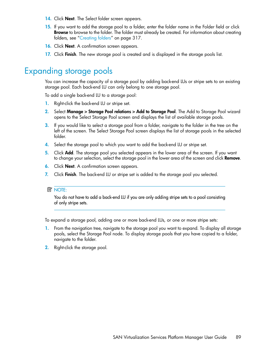 Expanding storage pools, Expanding storage, Pools | HP SAN Virtualization Services Platform User Manual | Page 89 / 400