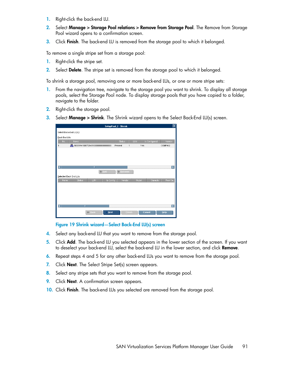 Shrink wizard—select back-end lu(s) screen | HP SAN Virtualization Services Platform User Manual | Page 91 / 400