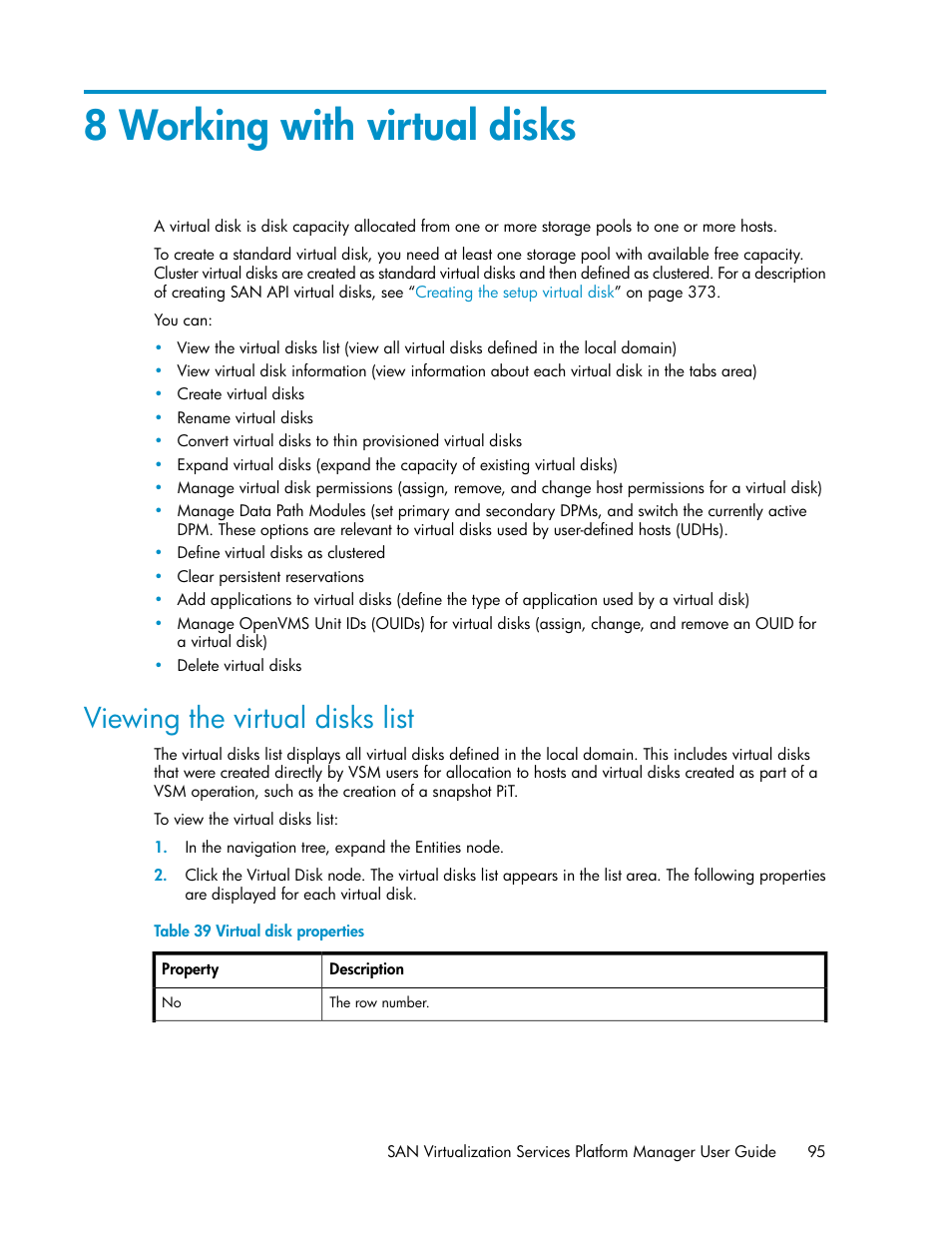 8 working with virtual disks, Viewing the virtual disks list, Virtual disk properties | HP SAN Virtualization Services Platform User Manual | Page 95 / 400