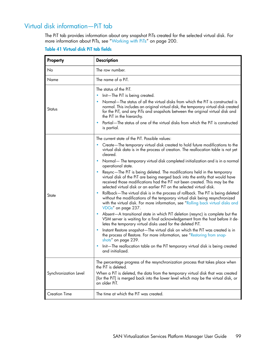 Virtual disk information—pit tab, Virtual disk pit tab fields | HP SAN Virtualization Services Platform User Manual | Page 99 / 400