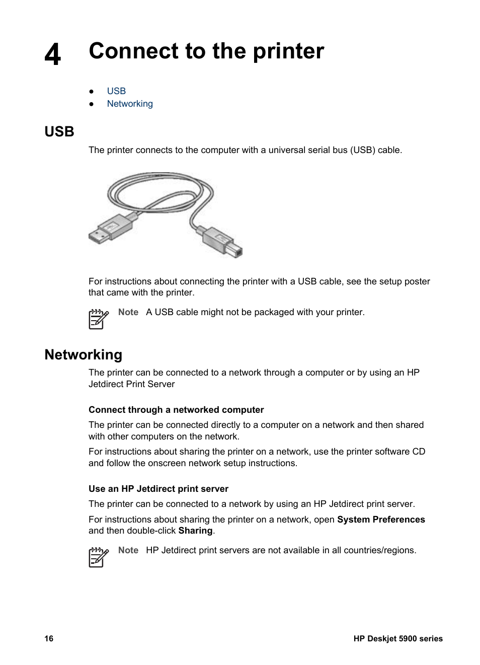 Connect to the printer, Networking, Connect to the printer usb networking | Usb port | HP Deskjet 5943 Photo Printer User Manual | Page 18 / 86