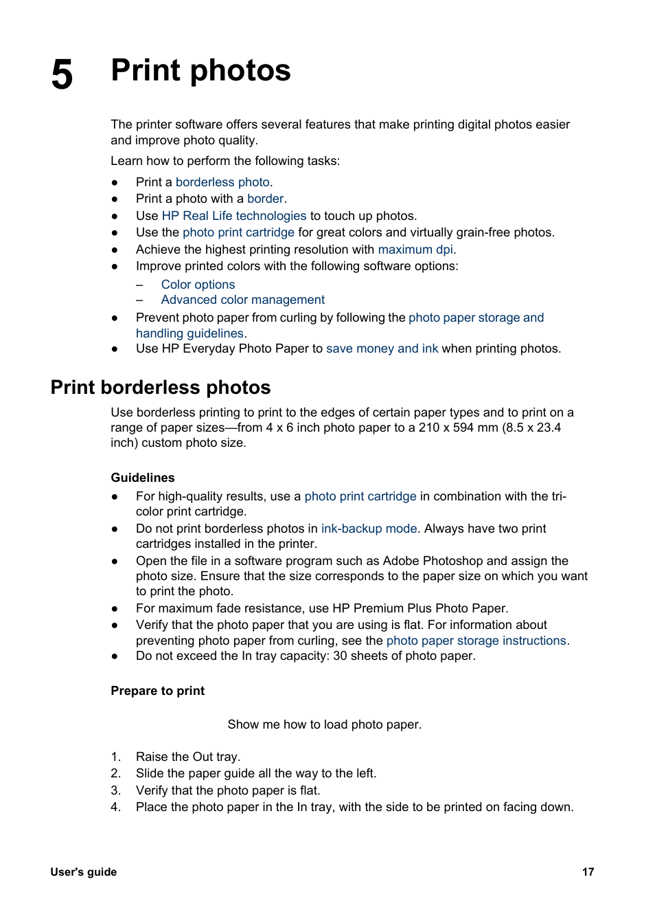 Print photos, Print borderless photos, Print photos print borderless photos | Photos, Without borders | HP Deskjet 5943 Photo Printer User Manual | Page 19 / 86