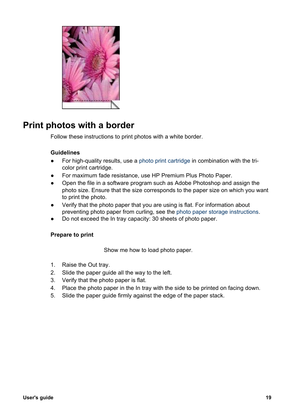 Print photos with a border, Photos, With borders | Border | HP Deskjet 5943 Photo Printer User Manual | Page 21 / 86