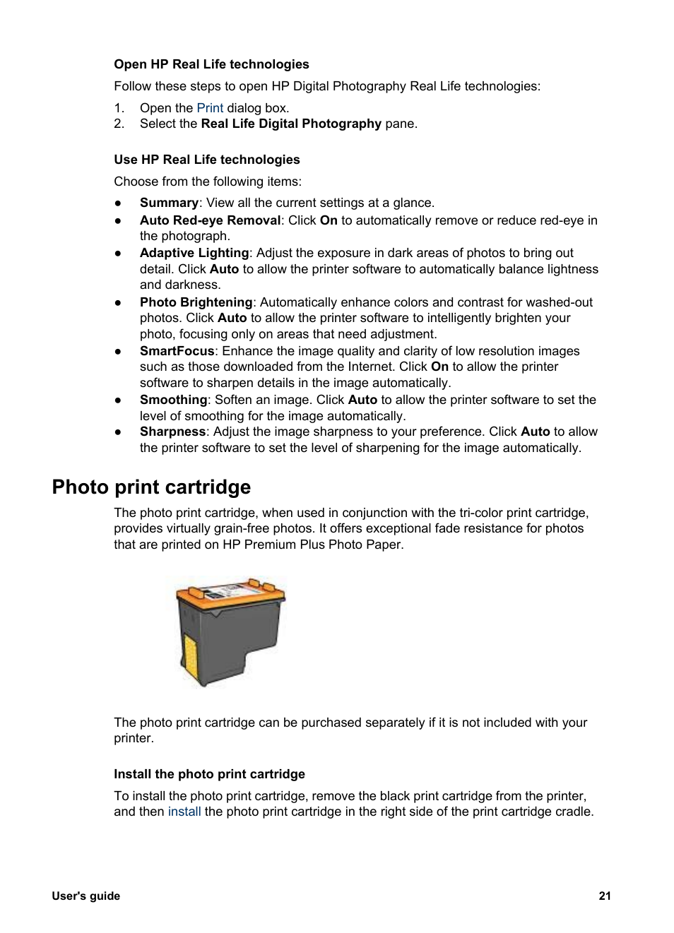 Photo print cartridge, Photo print, Cartridge | Hp real life, Technologies, As appropriate | HP Deskjet 5943 Photo Printer User Manual | Page 23 / 86