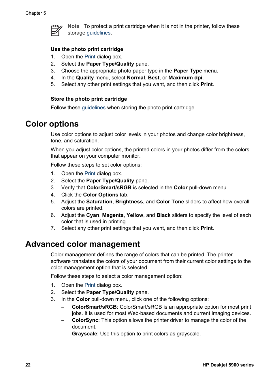 Color options, Advanced color management, Color options advanced color management | HP Deskjet 5943 Photo Printer User Manual | Page 24 / 86