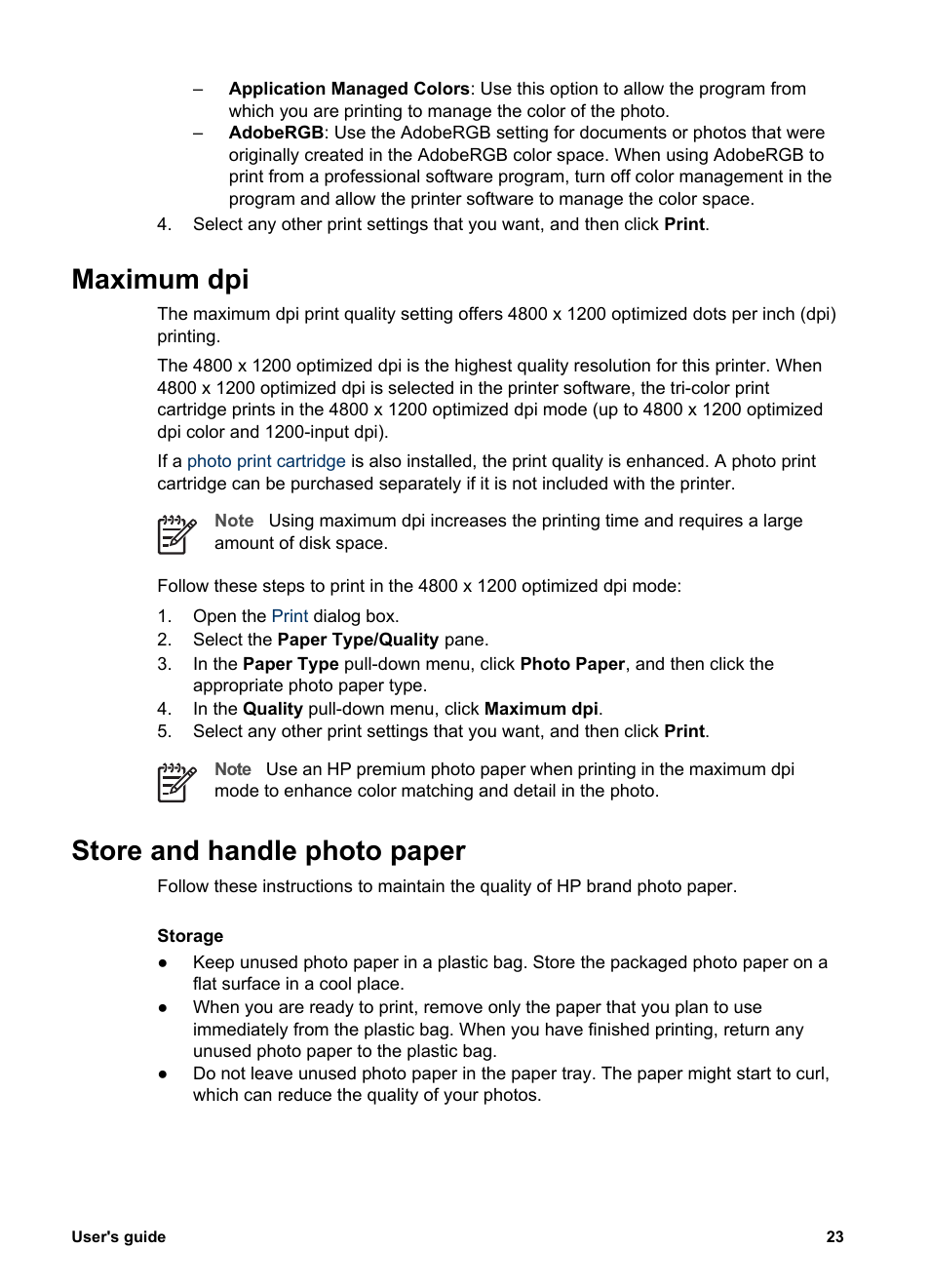 Maximum dpi, Store and handle photo paper, Maximum dpi store and handle photo paper | With, Photo paper storage and, Handling guidelines, Photo paper storage instructions | HP Deskjet 5943 Photo Printer User Manual | Page 25 / 86