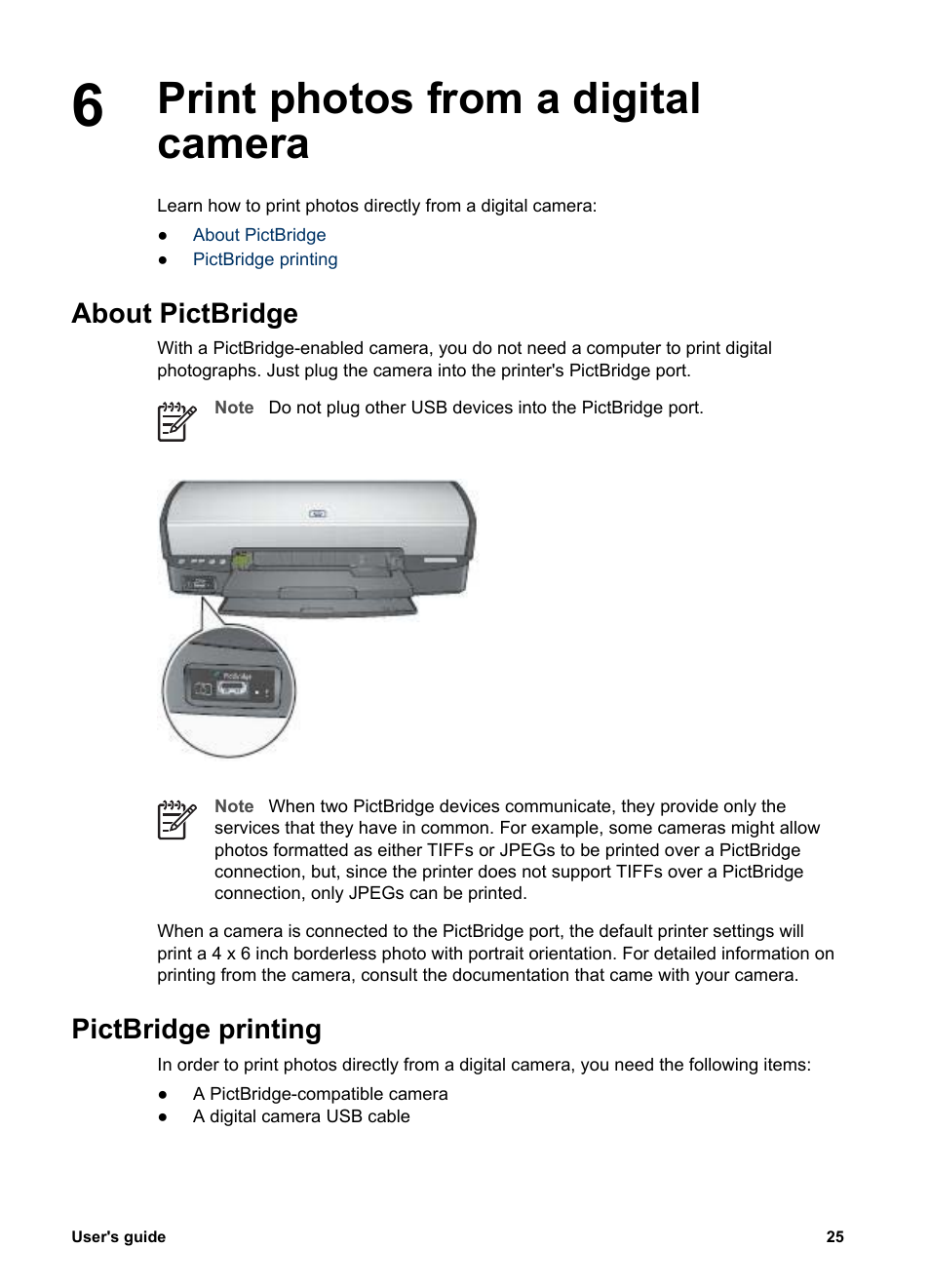 Print photos from a digital camera, About pictbridge, Pictbridge printing | Pictbridge, Pictbridge port | HP Deskjet 5943 Photo Printer User Manual | Page 27 / 86