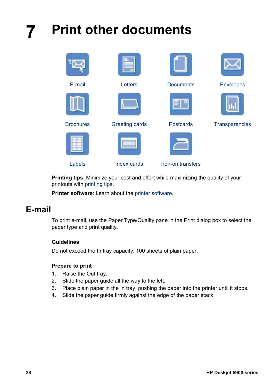 Print other documents, E-mail, Print other documents e-mail | HP Deskjet 5943 Photo Printer User Manual | Page 30 / 86