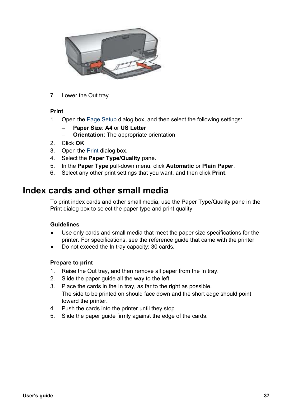 Index cards and other small media, Index cards | HP Deskjet 5943 Photo Printer User Manual | Page 39 / 86