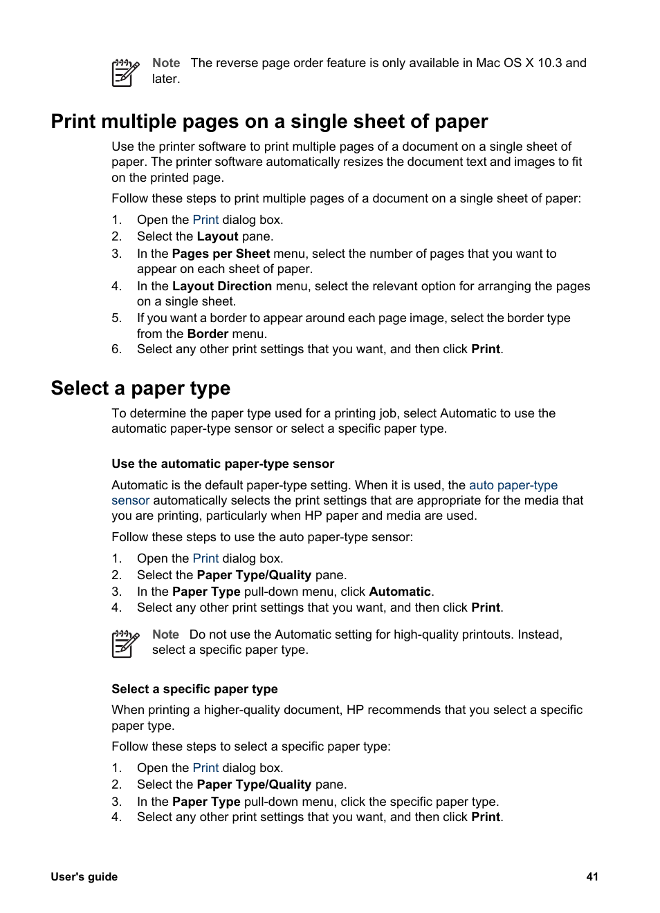 Select a paper type, Select a, Paper type | Print multiple pages on a single sheet of paper | HP Deskjet 5943 Photo Printer User Manual | Page 43 / 86
