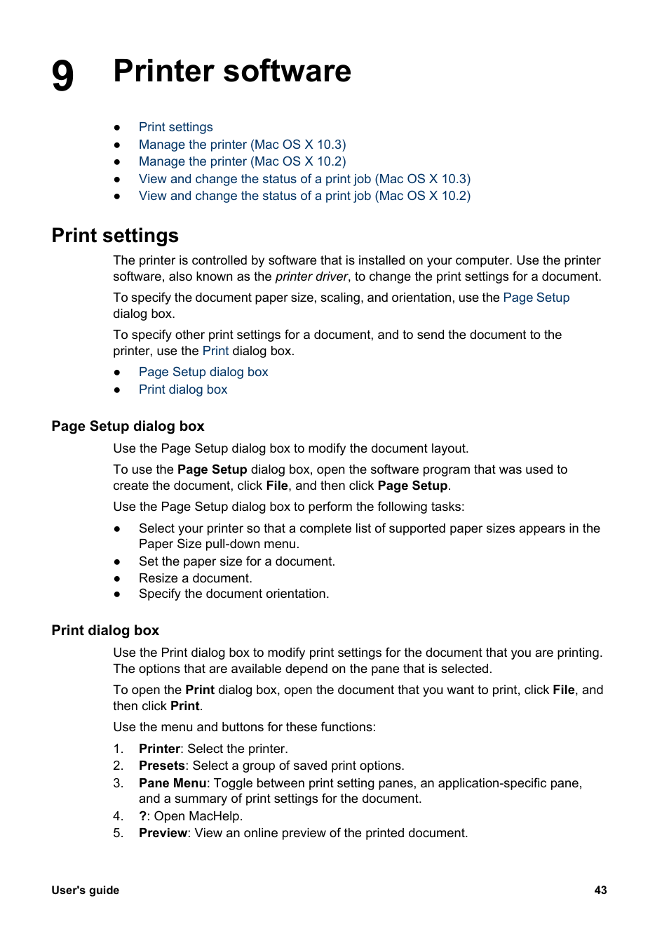 Printer software, Print settings, Print dialog box | Printer software print settings, Print, Open the, Dialog box, Dialog box, and then | HP Deskjet 5943 Photo Printer User Manual | Page 45 / 86