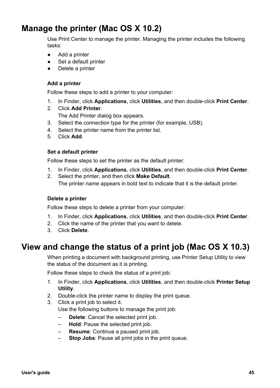 Manage the printer (mac os x 10.2) | HP Deskjet 5943 Photo Printer User Manual | Page 47 / 86