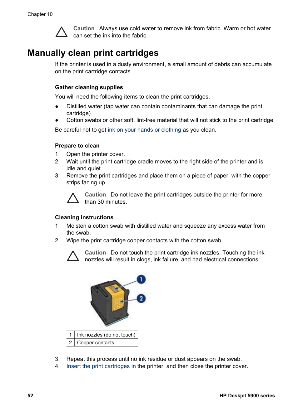 Manually clean print cartridges | HP Deskjet 5943 Photo Printer User Manual | Page 54 / 86