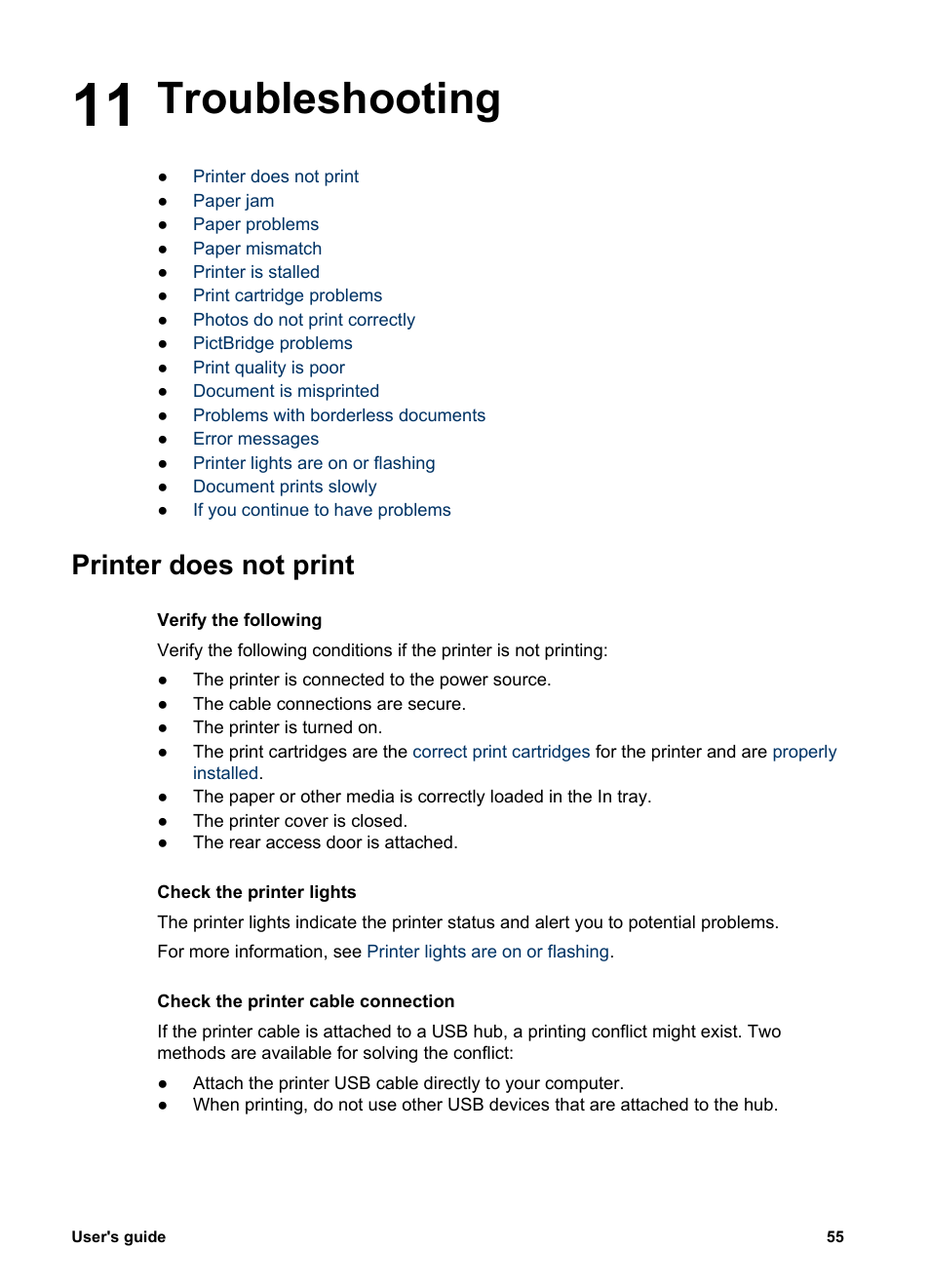 Troubleshooting, Printer does not print, 11 troubleshooting | HP Deskjet 5943 Photo Printer User Manual | Page 57 / 86