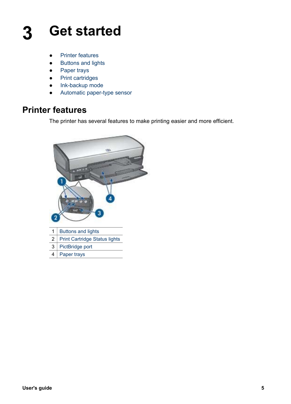 Get started, Printer features, Get started printer features | HP Deskjet 5943 Photo Printer User Manual | Page 7 / 86