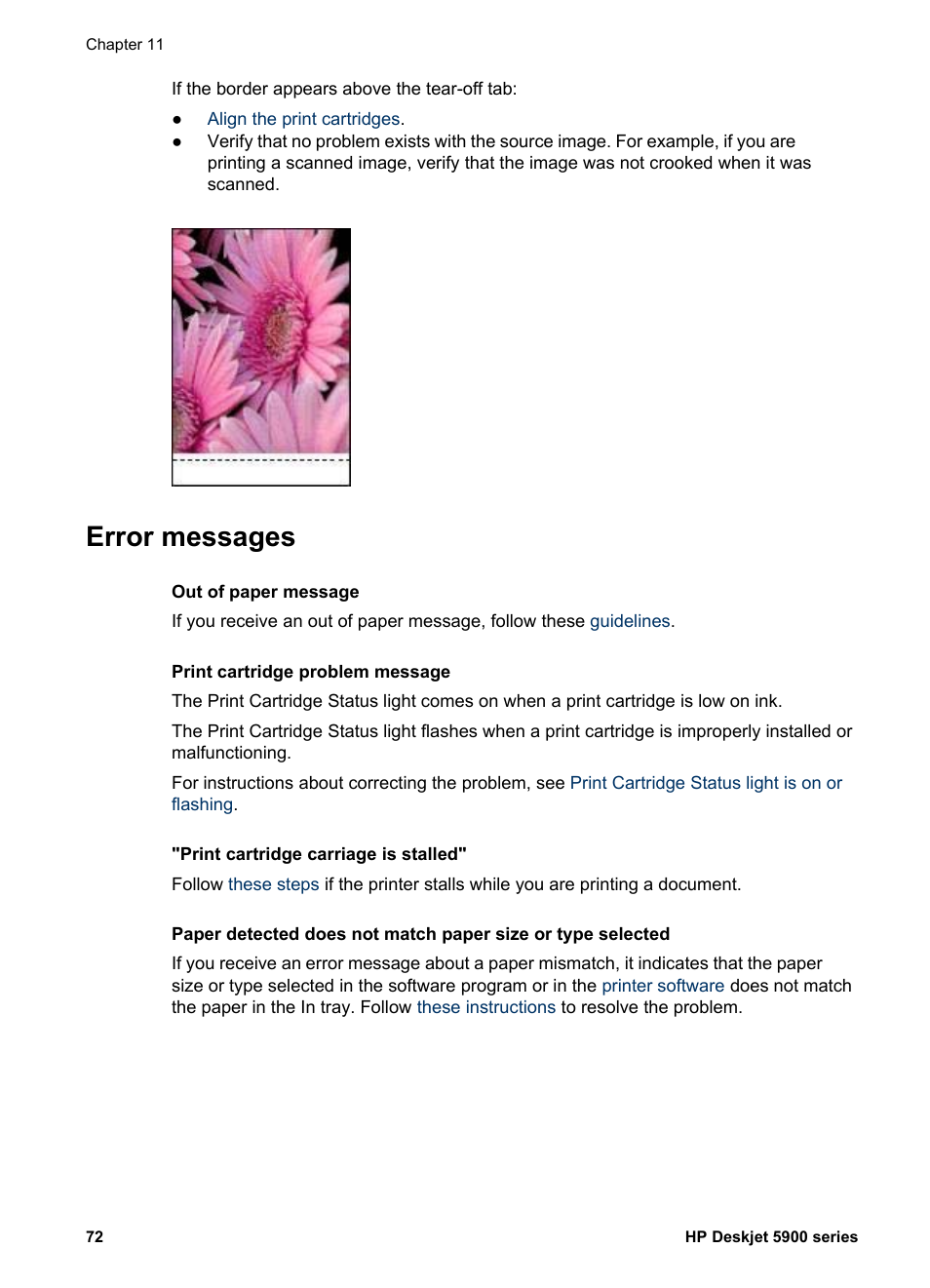 Error messages | HP Deskjet 5943 Photo Printer User Manual | Page 74 / 86