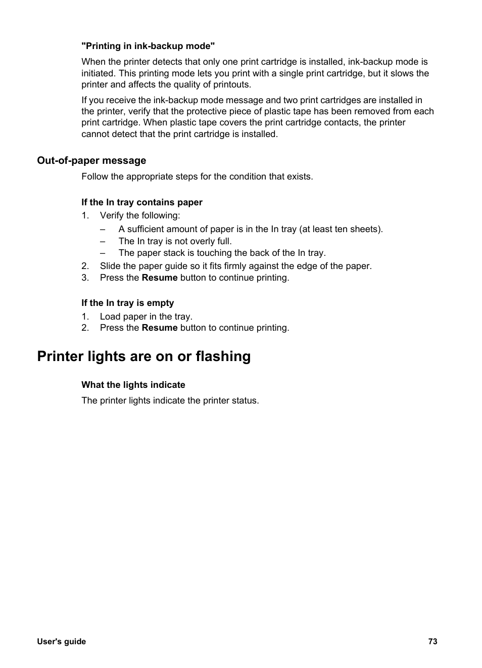 Out-of-paper message, Printer lights are on or flashing, Follow these | Guidelines, These | HP Deskjet 5943 Photo Printer User Manual | Page 75 / 86