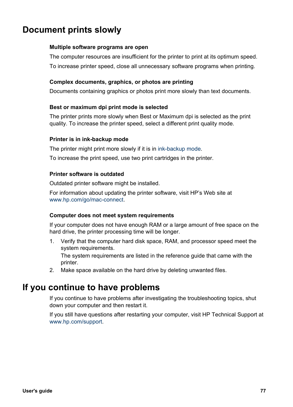 Document prints slowly, If you continue to have problems | HP Deskjet 5943 Photo Printer User Manual | Page 79 / 86