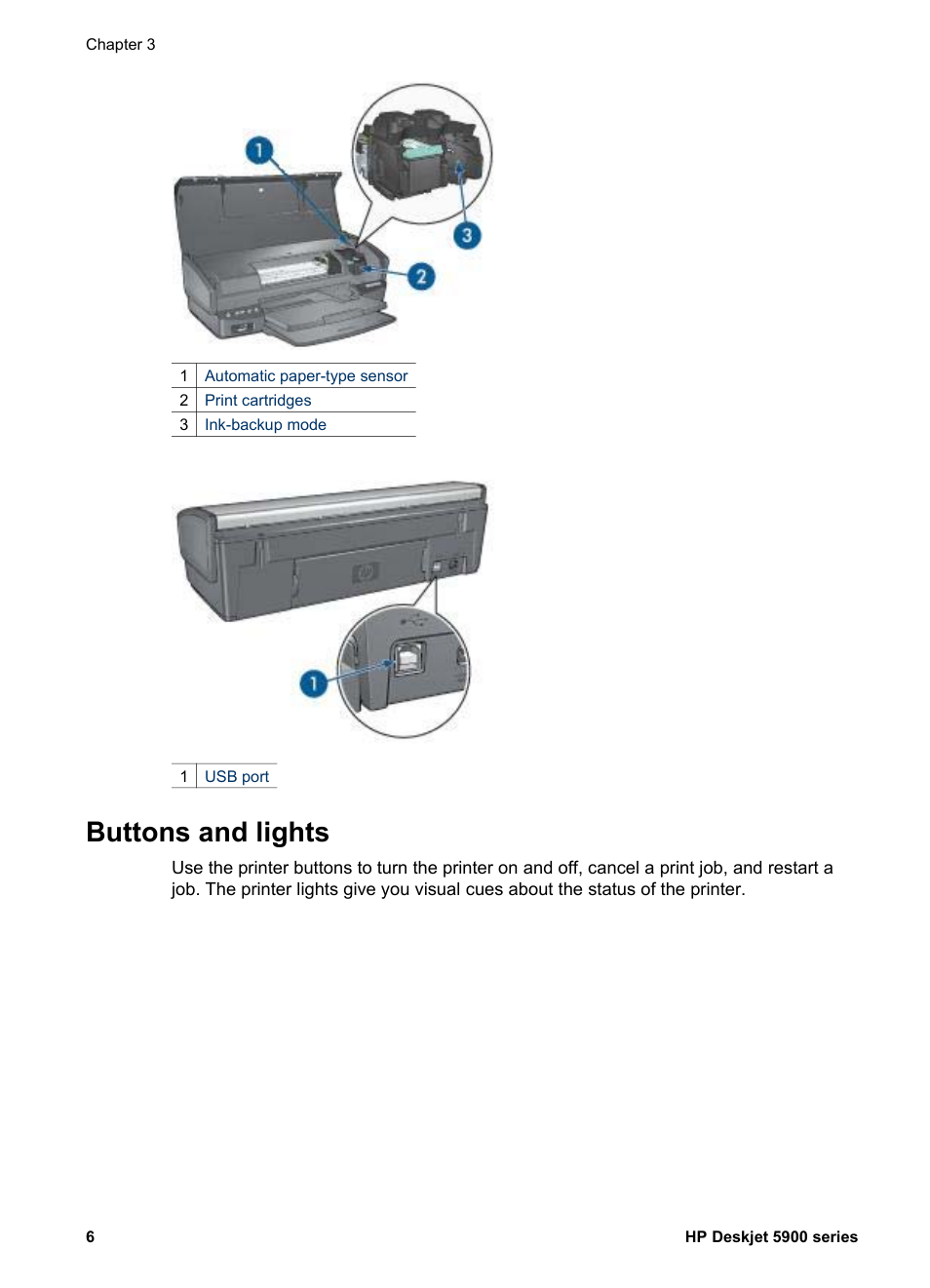 Buttons and lights | HP Deskjet 5943 Photo Printer User Manual | Page 8 / 86