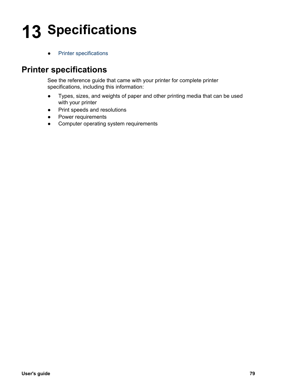 Specifications, Printer specifications, 13 specifications | HP Deskjet 5943 Photo Printer User Manual | Page 81 / 86