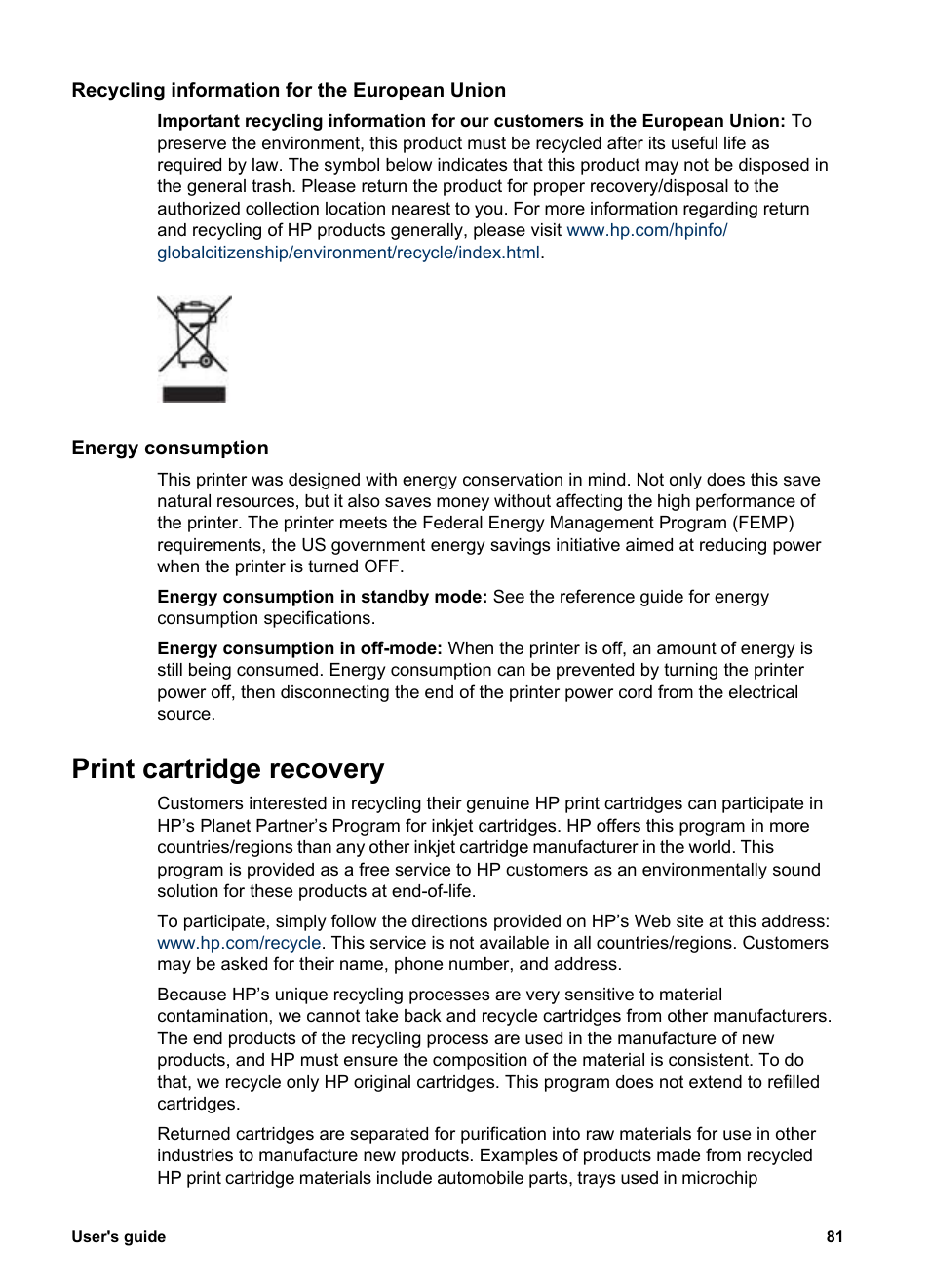 Recycling information for the european union, Energy consumption, Print cartridge recovery | Femp, Energy savings, Print cartridge, Recovery | HP Deskjet 5943 Photo Printer User Manual | Page 83 / 86