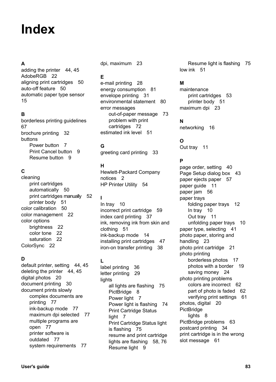 Index | HP Deskjet 5943 Photo Printer User Manual | Page 85 / 86