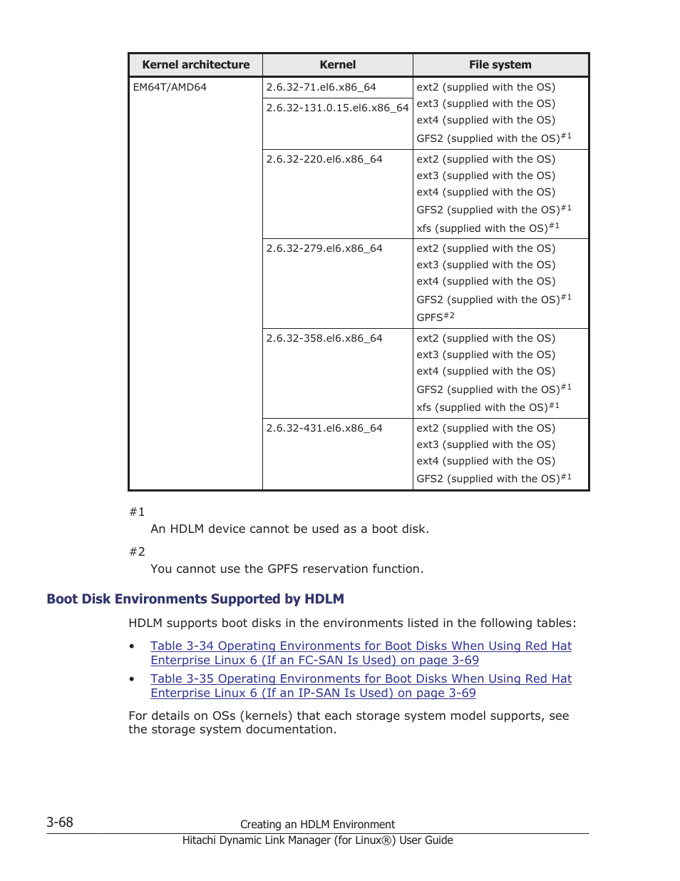 Boot disk environments supported by hdlm -68, Boot disk environments supported by hdlm | HP Hitachi Dynamic Link Manager Software Licenses User Manual | Page 140 / 716