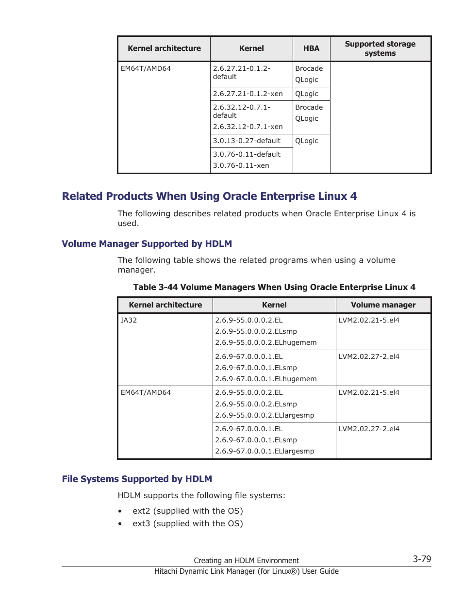 Volume manager supported by hdlm -79, File systems supported by hdlm -79, Related | HP Hitachi Dynamic Link Manager Software Licenses User Manual | Page 151 / 716