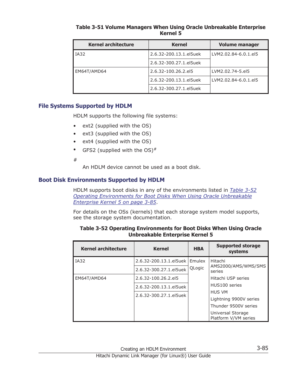 File systems supported by hdlm -85, Boot disk environments supported by hdlm -85 | HP Hitachi Dynamic Link Manager Software Licenses User Manual | Page 157 / 716