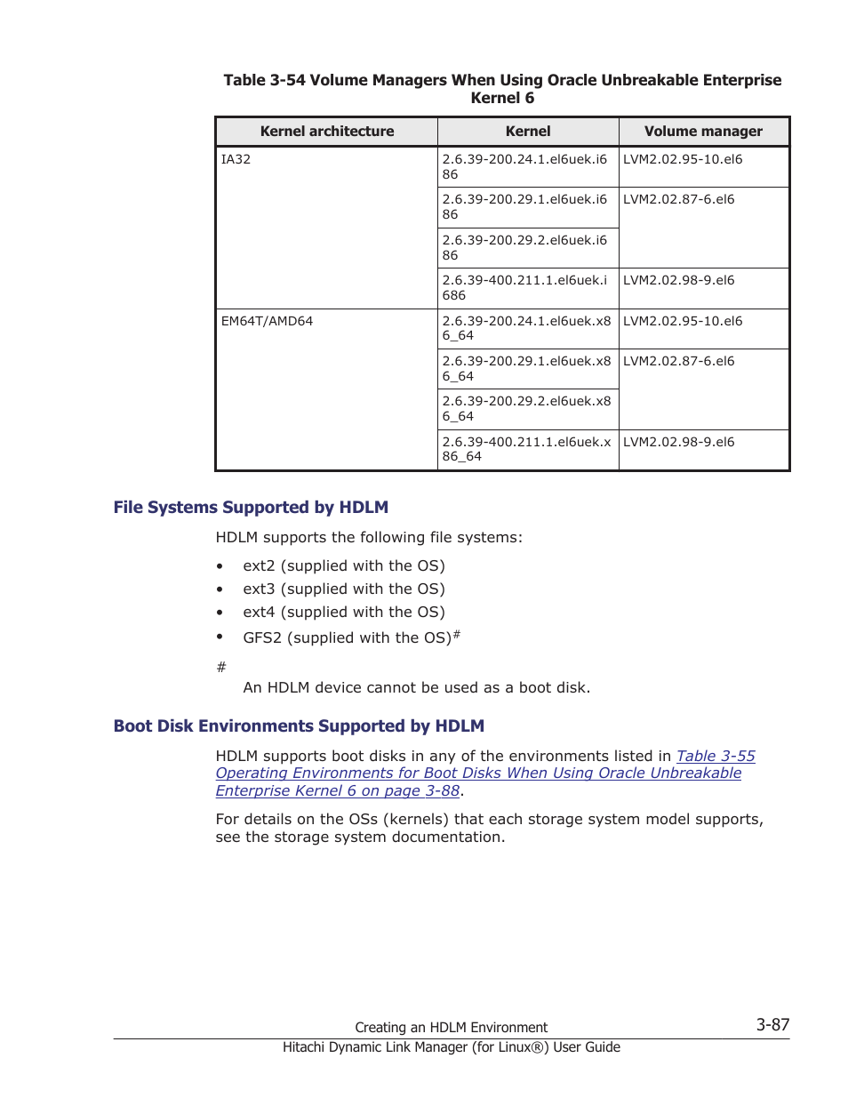 File systems supported by hdlm -87, Boot disk environments supported by hdlm -87, Boot disk environments supported by hdlm on | HP Hitachi Dynamic Link Manager Software Licenses User Manual | Page 159 / 716