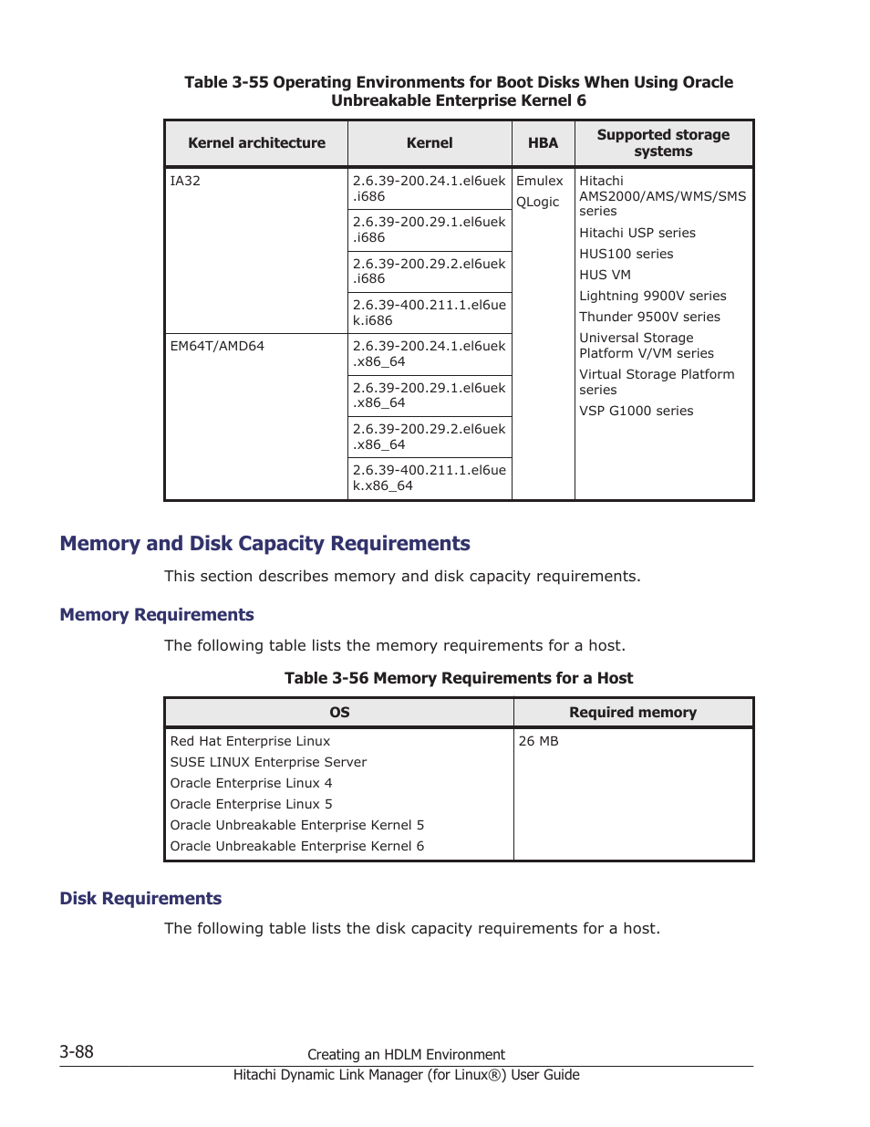 Memory and disk capacity requirements, Memory and disk capacity requirements -88, Memory requirements -88 | Disk requirements -88, Table 3-55 | HP Hitachi Dynamic Link Manager Software Licenses User Manual | Page 160 / 716