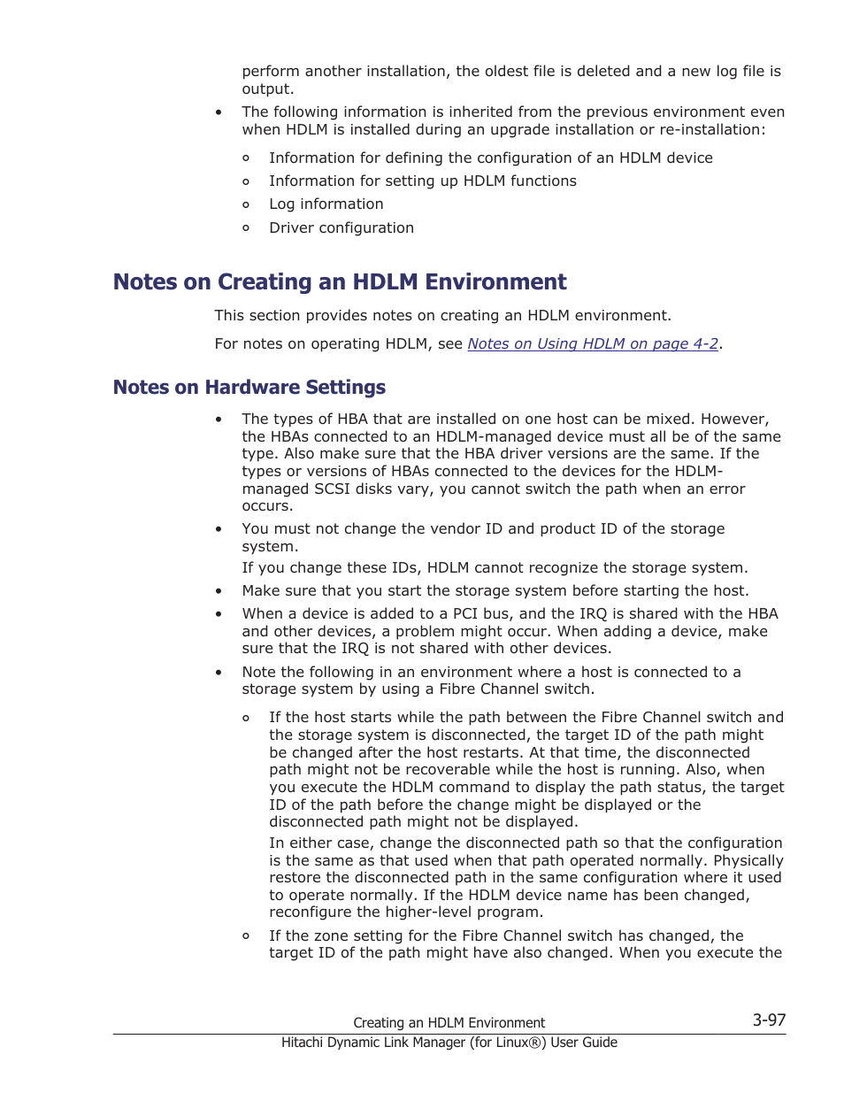Notes on creating an hdlm environment, Notes on hardware settings, Notes on creating an hdlm environment -97 | Notes on hardware settings -97 | HP Hitachi Dynamic Link Manager Software Licenses User Manual | Page 169 / 716