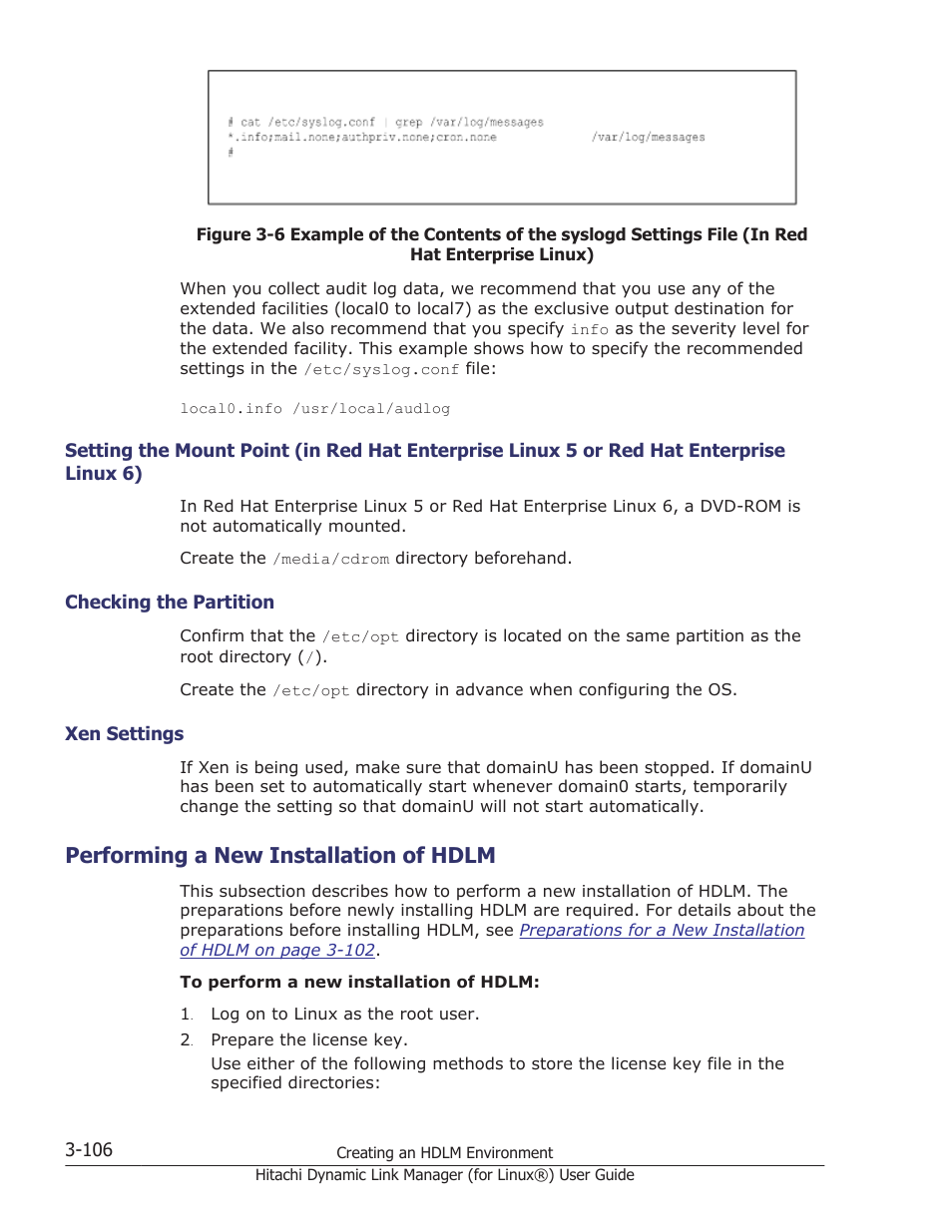 Performing a new installation of hdlm, Linux 6) -106, Checking the partition -106 | Xen settings -106, Performing a new installation of hdlm -106 | HP Hitachi Dynamic Link Manager Software Licenses User Manual | Page 178 / 716