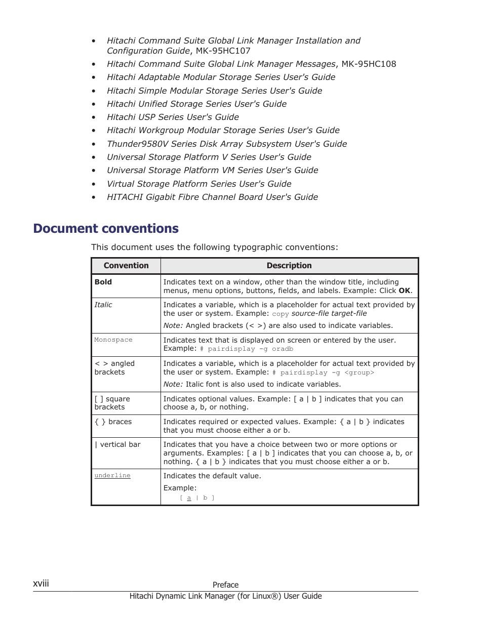 Document conventions | HP Hitachi Dynamic Link Manager Software Licenses User Manual | Page 18 / 716