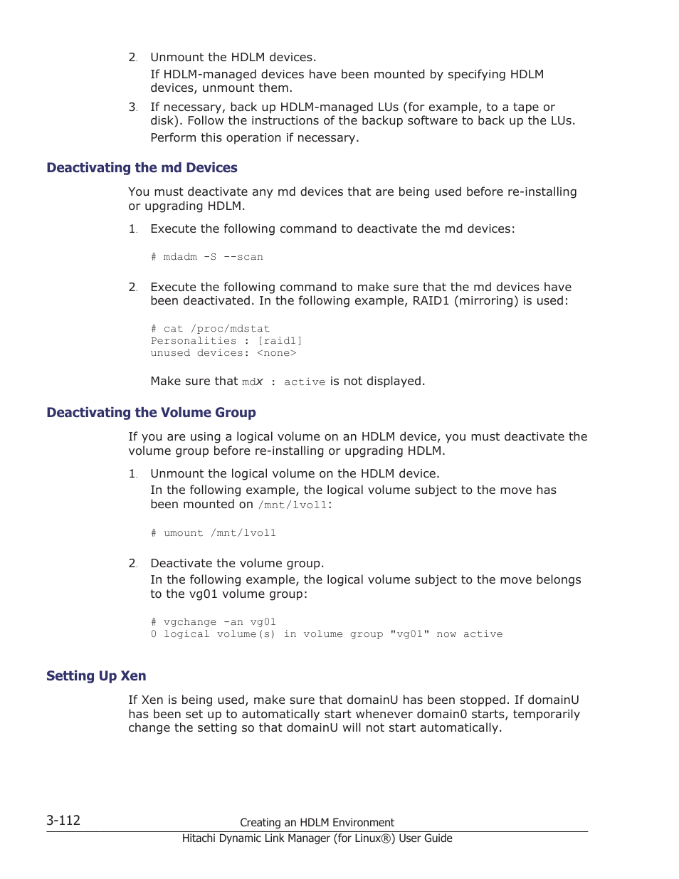 Deactivating the md devices -112, Deactivating the volume group -112, Setting up xen -112 | HP Hitachi Dynamic Link Manager Software Licenses User Manual | Page 184 / 716