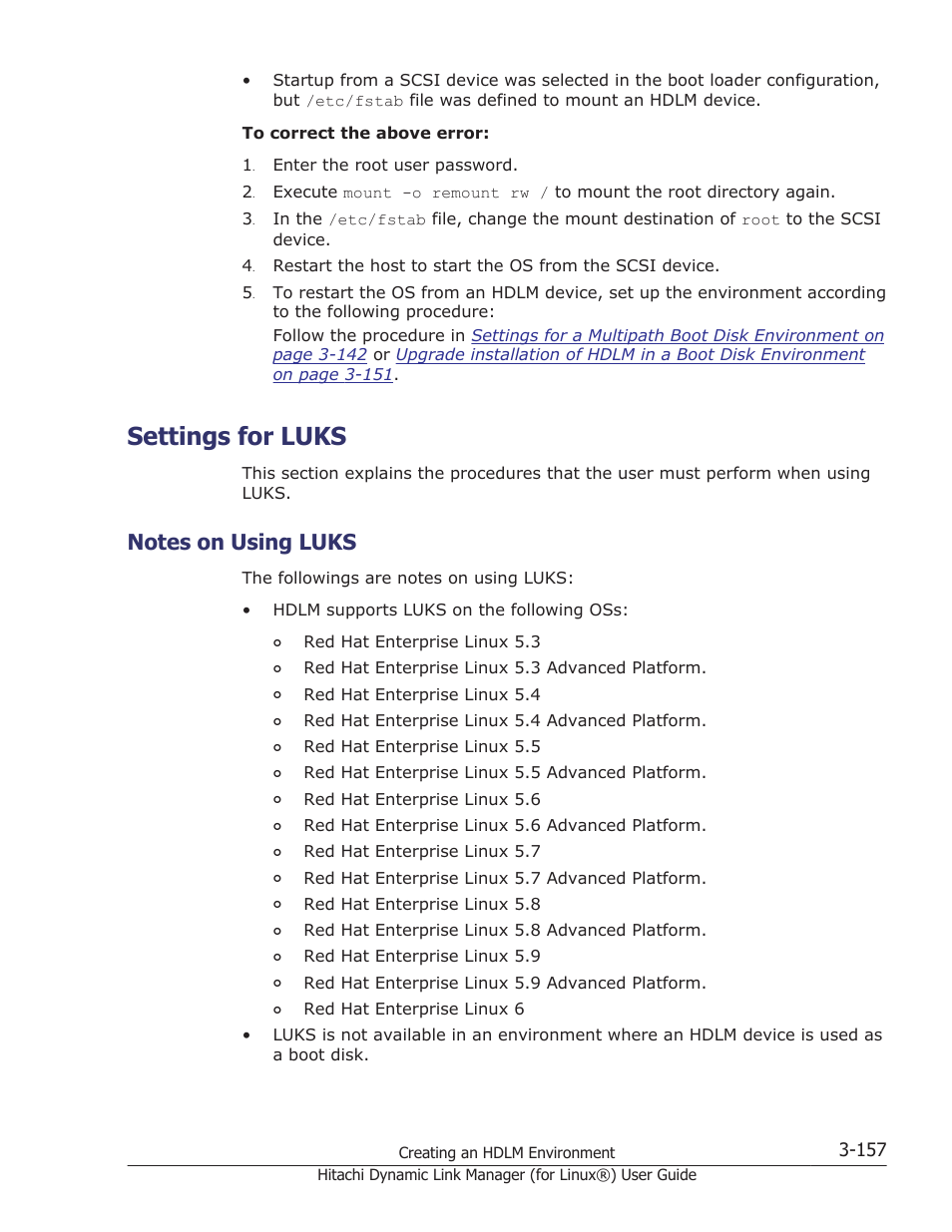 Settings for luks, Notes on using luks, Settings for luks -157 | Notes on using luks -157, For details on setting up luks, see | HP Hitachi Dynamic Link Manager Software Licenses User Manual | Page 229 / 716