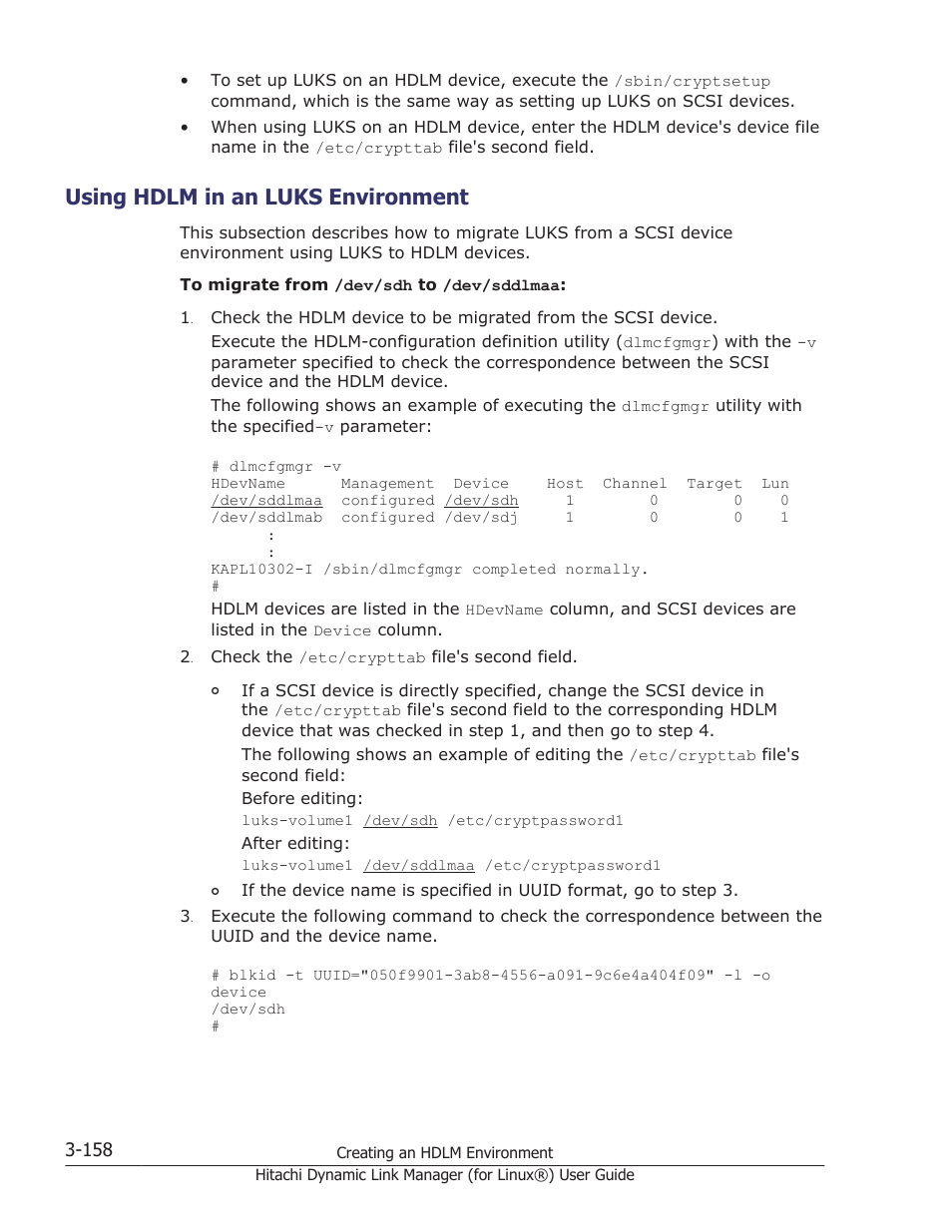 Using hdlm in an luks environment, Using hdlm in an luks environment -158 | HP Hitachi Dynamic Link Manager Software Licenses User Manual | Page 230 / 716