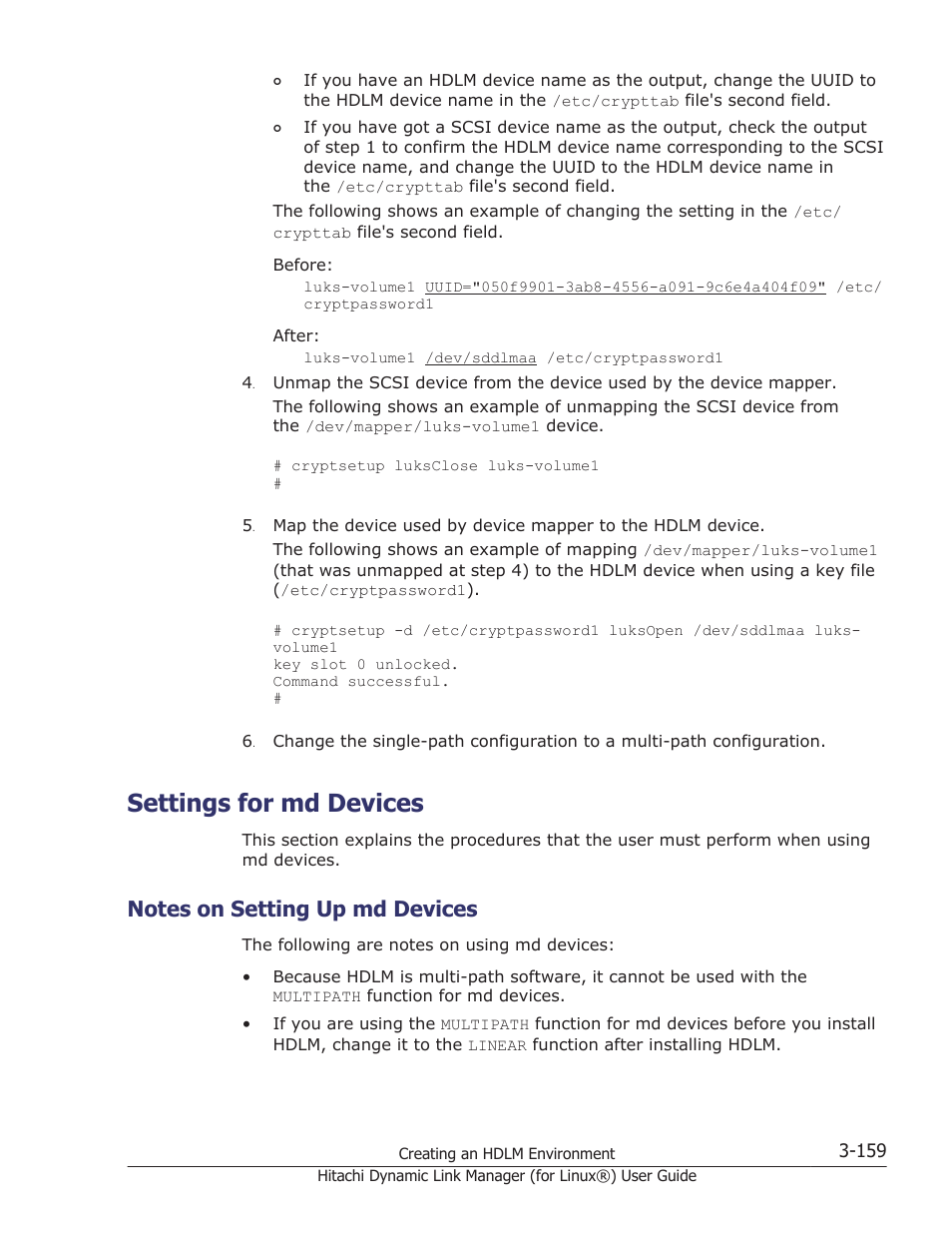 Settings for md devices, Notes on setting up md devices, Settings for md devices -159 | Notes on setting up md devices -159, For details about the md device settings, see, Settings for md devices on | HP Hitachi Dynamic Link Manager Software Licenses User Manual | Page 231 / 716