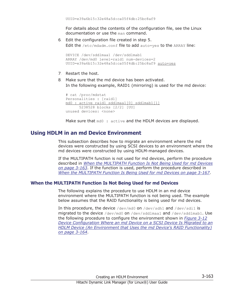 Using hdlm in an md device environment, Using hdlm in an md device environment -163, Using hdlm in an | HP Hitachi Dynamic Link Manager Software Licenses User Manual | Page 235 / 716