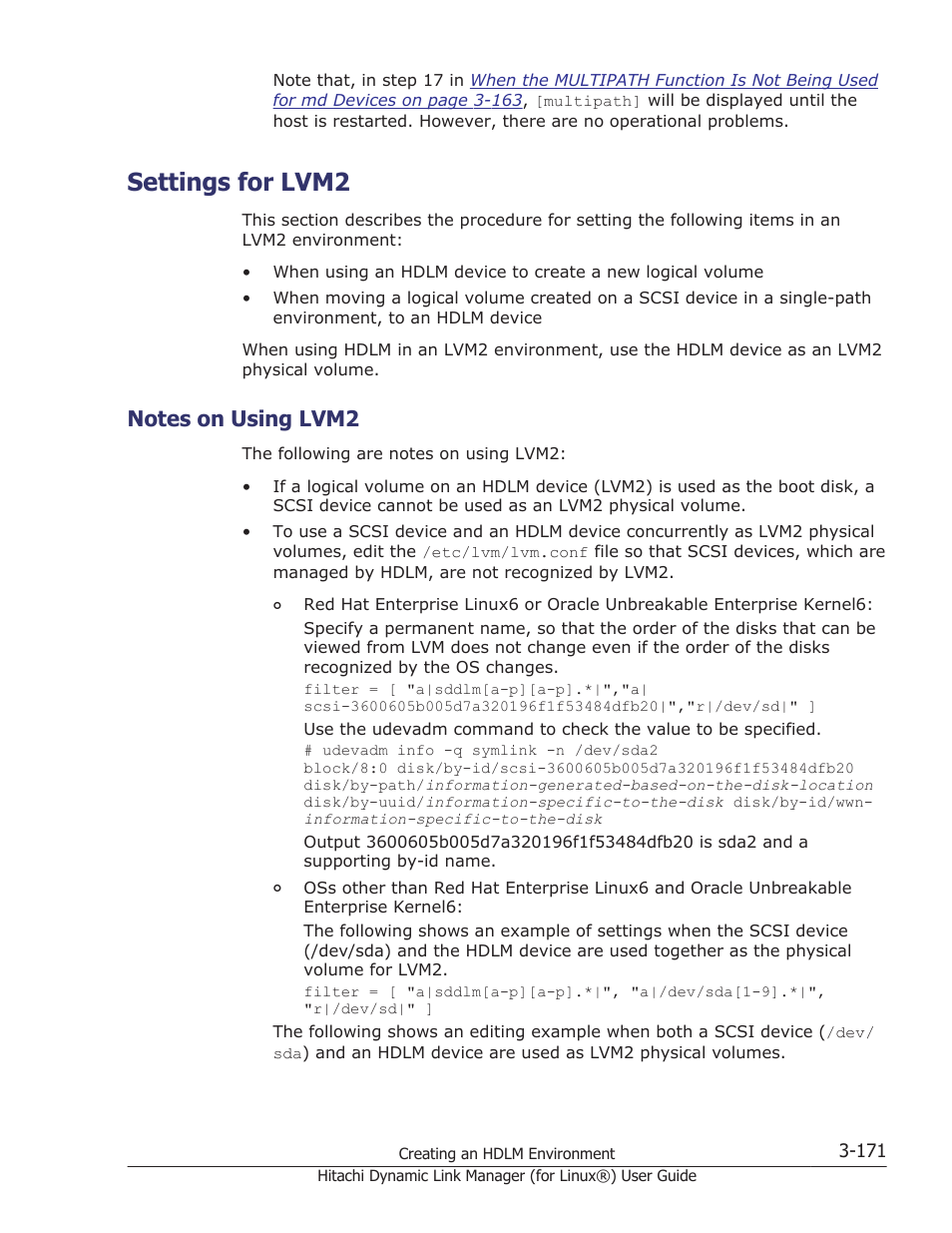 Settings for lvm2, Notes on using lvm2, Settings for lvm2 -171 | Notes on using lvm2 -171, Settings for | HP Hitachi Dynamic Link Manager Software Licenses User Manual | Page 243 / 716