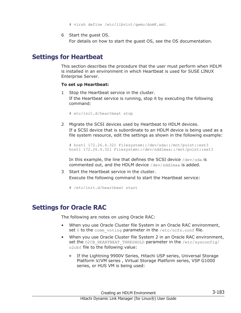 Settings for heartbeat, Settings for oracle rac, Settings for heartbeat -183 | Settings for oracle rac -183, For details on setting the cluster software, see, Settings for heartbeat on | HP Hitachi Dynamic Link Manager Software Licenses User Manual | Page 255 / 716